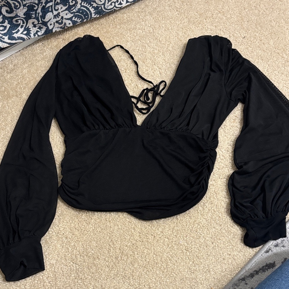 Black Deep V-Neck Long Sleeve Wrap Blouse